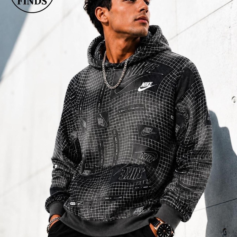 Nike Youth Pullover Hoodie Large Black Gray All Over Logo Graphic Sweatshirt